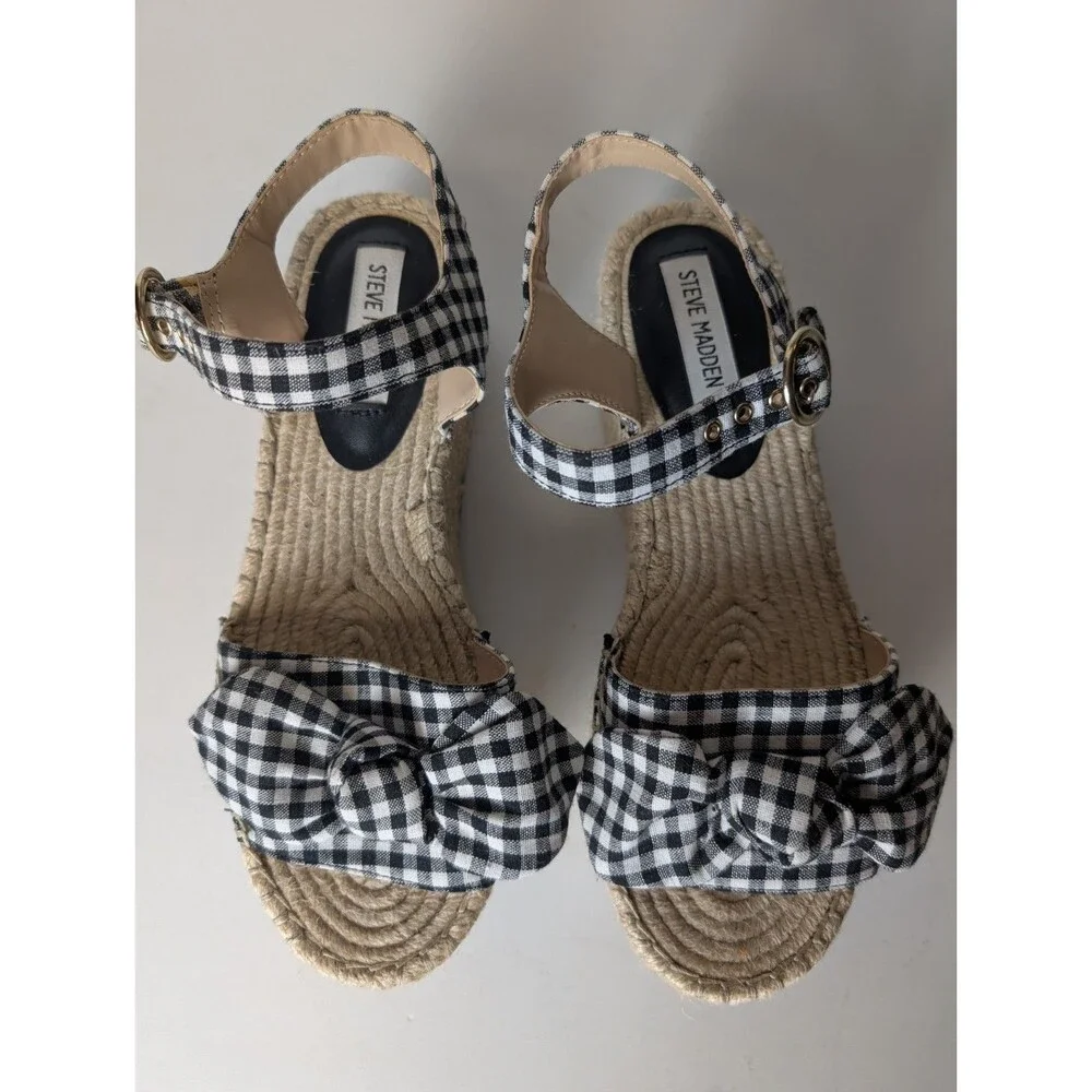 Steve Madden Union Espadrilles Shoes Gingham Bow Black White Size 8M Summer